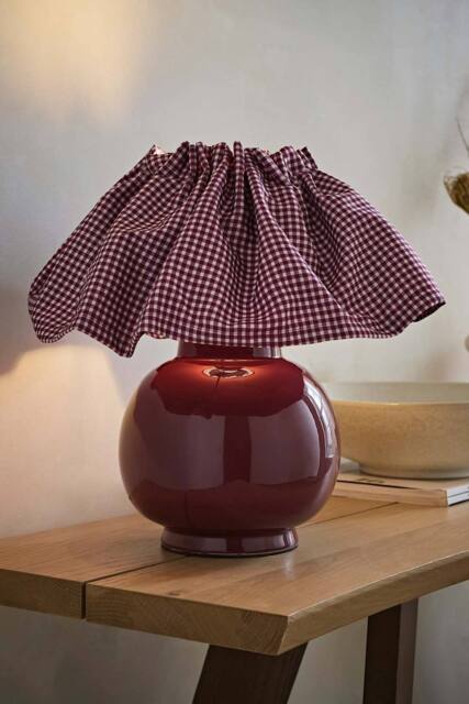 ValueLights Arabella Pleated Pinstripe Gingham Lamp Shade Ceramic Table Lamp in Burgundy - image 1