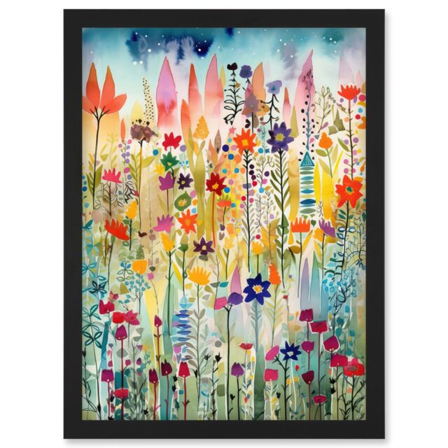Artery8 Layered Spring Flower Field Folk Art Artwork Framed Wall Art Print A4 in Black - image 1