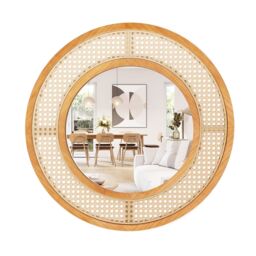 Costway Rattan Round Wall Mirror 65 cm Wooden Framed Mirror in Natural