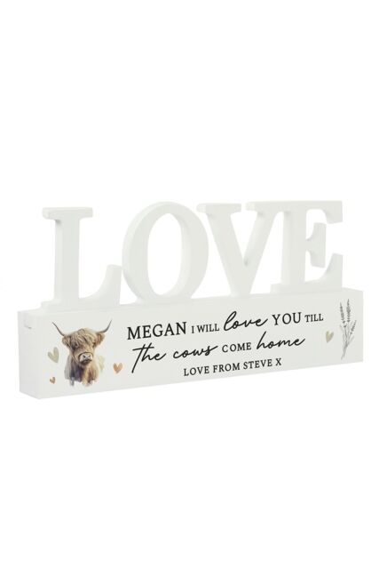 Personalised Memento Company Personalised Highland Cow LOVE Wooden Ornament in White - image 1