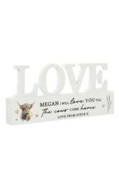 Personalised Memento Company Personalised Highland Cow LOVE Wooden Ornament in White - thumbnail 1