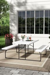 Living and Home Foldable Outdoor Picnic Table and Bench Set with Parasol Hole in White