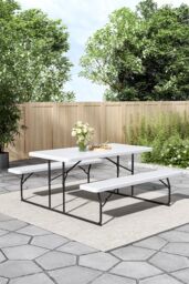 Living and Home Foldable Outdoor Picnic Table and Bench Set with Parasol Hole in White - thumbnail 2