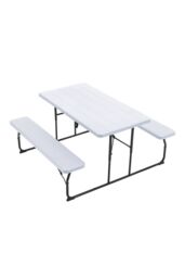 Living and Home Foldable Outdoor Picnic Table and Bench Set with Parasol Hole in White - thumbnail 3