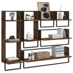 Berkfield Home 6 Piece Wall Shelf Set with Bars Smoked Oak Engineered Wood in Brown - thumbnail 3