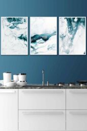 ARTZE Teal Blue Abstract Ocean Waves Framed Wall Art - Medium in White - Size: W45 cm x H62 cm x D20mm
