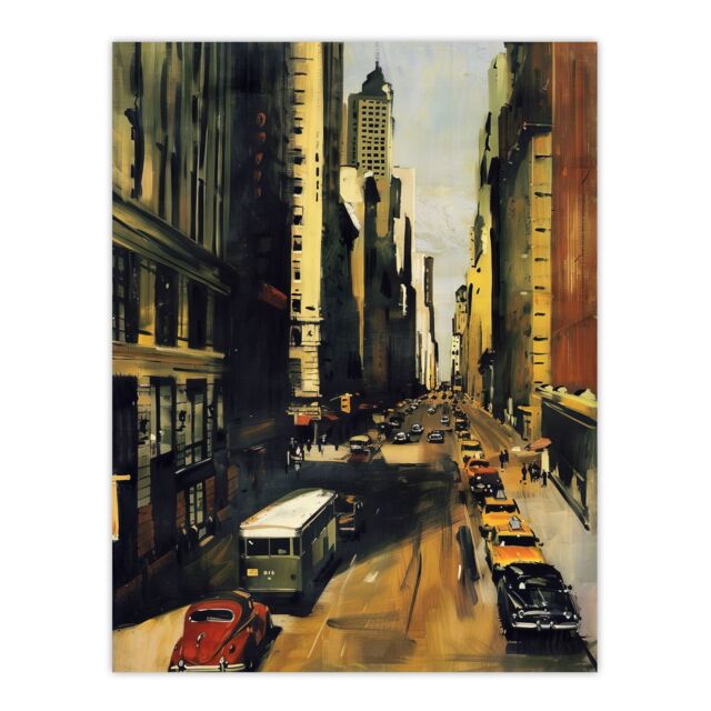 "Artery8 5th Avenue 1950s Painting Vintage Cars New York Wall Art Print in Brown - Size: W24"" x H32""" - image 1
