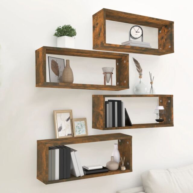 Berkfield Home Wall Cube Shelves 4 pcs Smoked Oak 60x15x23 cm Engineered Wood in Brown - Size: 60 x 15 x 23 cm
