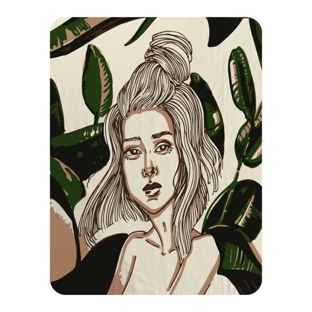 Benjamin Tate Design Young woman in tropical leaves Designer Blanket in Natural - Size: 120 cm x 150 cm - image 1