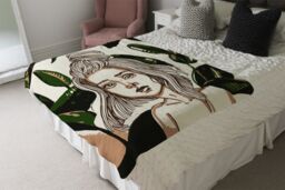 Benjamin Tate Design Young woman in tropical leaves Designer Blanket in Natural - Size: 120 cm x 150 cm - thumbnail 4