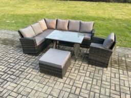 Fimous Outdoor Furniture Garden Dining Set Rattan Corner Sofa Set with Rectangular Dining Table Armchair in Dark Grey - thumbnail 2