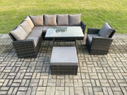 Fimous Outdoor Furniture Garden Dining Set Rattan Corner Sofa Set with Rectangular Dining Table Armchair in Dark Grey - thumbnail 1