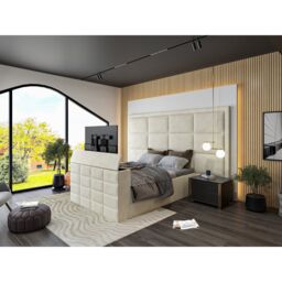HOB Furniture Block Upholstered Tv Bed Frame, Luxury French Velvet, Cream - Size: King