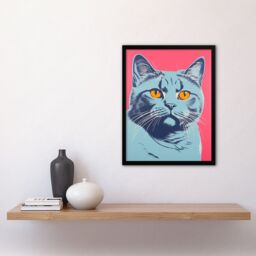 Artery8 Wall Art Print British Shorthair Cat Blue On Coral Pink Bold Vibrant Screen Risograph Artwork Spot Block Colour Duotone Retro Riso Interior - thumbnail 4
