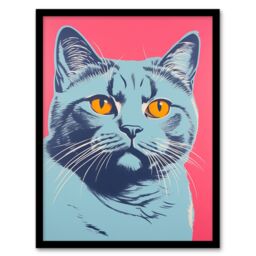 Artery8 Wall Art Print British Shorthair Cat Blue On Coral Pink Bold Vibrant Screen Risograph Artwork Spot Block Colour Duotone Retro Riso Interior - thumbnail 1