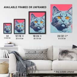 Artery8 Wall Art Print British Shorthair Cat Blue On Coral Pink Bold Vibrant Screen Risograph Artwork Spot Block Colour Duotone Retro Riso Interior - thumbnail 3