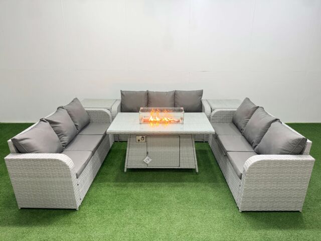 Fimous PE Rattan Lounge Sofa Set 9 Seater Outdoor Garden Furniture Set with Firepit Dining Table 3 Seater Sofa 2 Side Table Light Grey - image 1