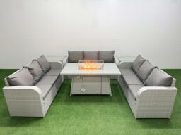 Fimous PE Rattan Lounge Sofa Set 9 Seater Outdoor Garden Furniture Set with Firepit Dining Table 3 Seater Sofa 2 Side Table Light Grey - thumbnail 2
