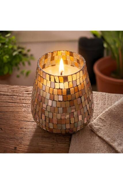 KDMD Tall Amber Mosaic Glass Jar Candle with Golden Glow - image 1