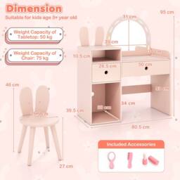 Costway Kids Vanity Table & Chair Set Dressing Table Set w/Drawer & Mirror in Pink - thumbnail 3