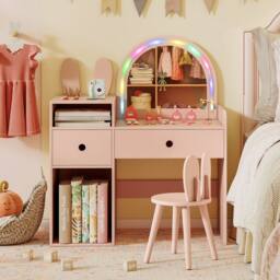 Costway Kids Vanity Table & Chair Set Dressing Table Set w/Drawer & Mirror in Pink - thumbnail 5