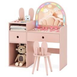 Costway Kids Vanity Table & Chair Set Dressing Table Set w/Drawer & Mirror in Pink - thumbnail 4