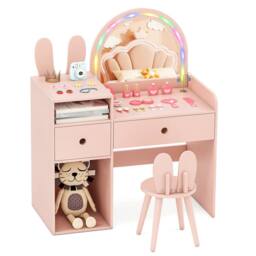 Costway Kids Vanity Table & Chair Set Dressing Table Set w/Drawer & Mirror in Pink - thumbnail 2