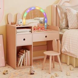 Costway Kids Vanity Table & Chair Set Dressing Table Set w/Drawer & Mirror in Pink