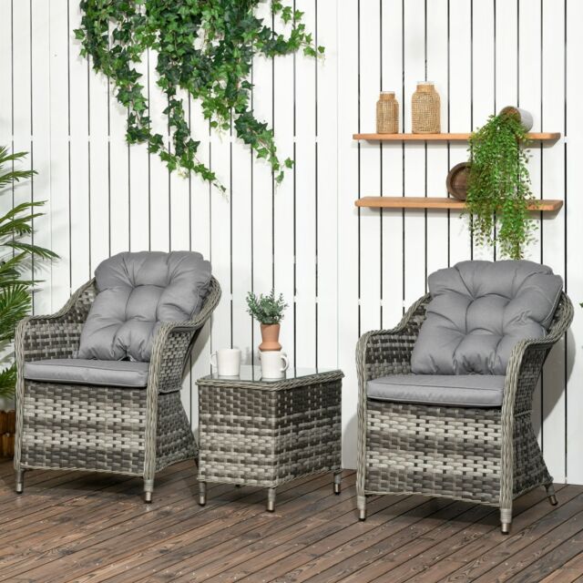 OUTSUNNY 3 PCS Aluminium Rattan Bistro Set with Soft Cushions & Glass Top in Grey - image 1