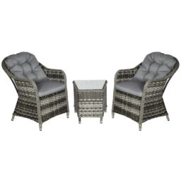 OUTSUNNY 3 PCS Aluminium Rattan Bistro Set with Soft Cushions & Glass Top in Grey - thumbnail 2