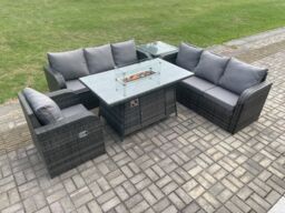 Fimous Rattan Outdoor Furniture Gas Fire Pit Dining Table Gas Heater Reclining Chair 3 Seater Sofa Sets with Side Table 7 Seater in Dark Grey - thumbnail 3