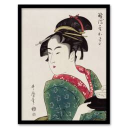 Artery8 Naniwaya Okita Portrait Vintage Japan Framed Wall Art Print Kitagawa in Green - Size: A4 - thumbnail 1