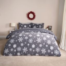 OHS Snowflake Teddy Fleece Duvet Cover Bedding Winter Christmas in Grey - Size: Double - thumbnail 2