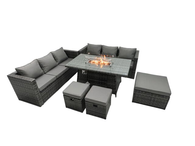 Fimous Rattan Garden Furniture Firepit Dining Set 9 Seater Lounge Sofa Table Set with 3 Footstool in Dark Grey - image 1