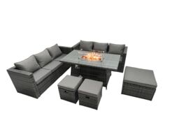 Fimous Rattan Garden Furniture Firepit Dining Set 9 Seater Lounge Sofa Table Set with 3 Footstool in Dark Grey - thumbnail 2