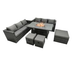 Fimous Rattan Garden Furniture Firepit Dining Set 9 Seater Lounge Sofa Table Set with 3 Footstool in Dark Grey - thumbnail 1