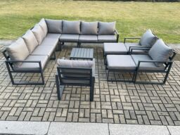 Fimous Aluminium Outdoor Garden Furniture Set Lounge Corner Sofa 3 Pcs Chair Square Coffee Table Sets with 2 Big Footstools Dark Grey - thumbnail 2