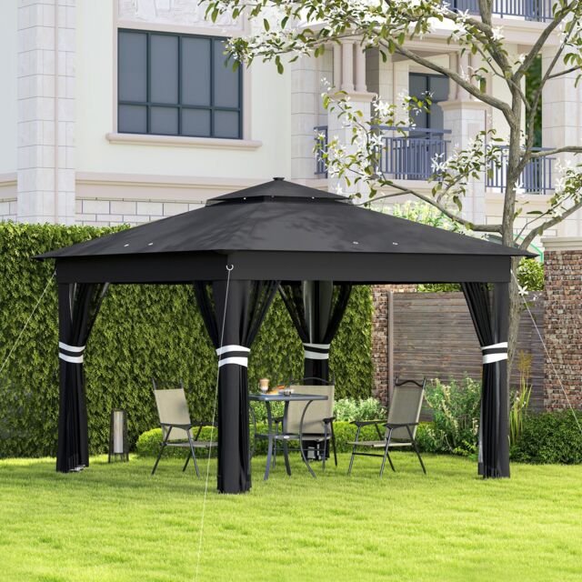 OUTSUNNY 3.36x3.36m Pop Up Gazebo w/ Solar-Powered LED Lights Netting Black - image 1
