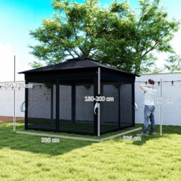 OUTSUNNY 3.36x3.36m Pop Up Gazebo w/ Solar-Powered LED Lights Netting Black - thumbnail 3