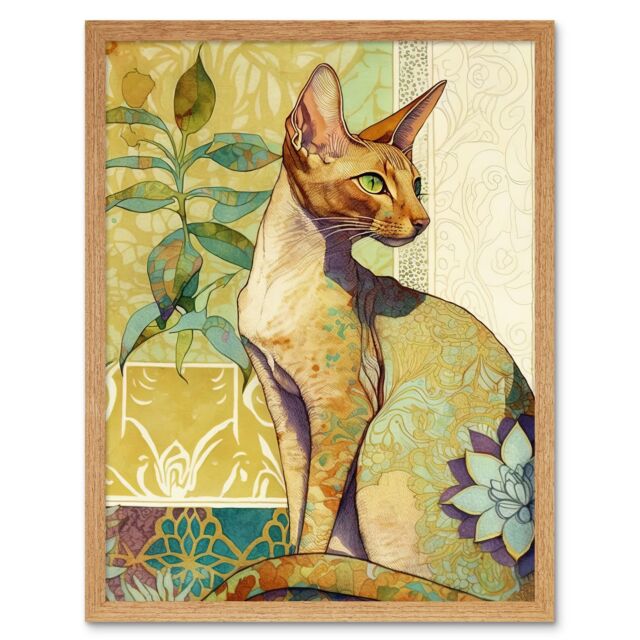 "Artery8 Wall Art Print Shorthair Cat with Art Nouveau Botanical Patterns Colourful Watercolour Art Framed in Light Oak - Size: W12"" x H16""" - image 1