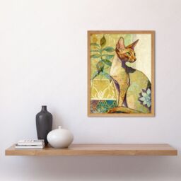 "Artery8 Wall Art Print Shorthair Cat with Art Nouveau Botanical Patterns Colourful Watercolour Art Framed in Light Oak - Size: W12"" x H16""" - thumbnail 2