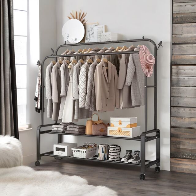 Pirlo Plush Heavy Duty Metal Clothes Rail Open Wardrobe With 2 Storage Shelves in Black - image 1