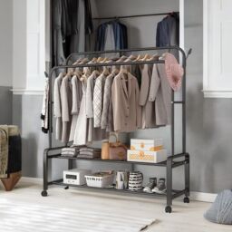 Pirlo Plush Heavy Duty Metal Clothes Rail Open Wardrobe With 2 Storage Shelves in Black - thumbnail 3