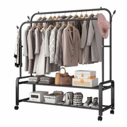 Pirlo Plush Heavy Duty Metal Clothes Rail Open Wardrobe With 2 Storage Shelves in Black - thumbnail 5