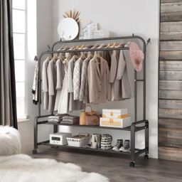 Pirlo Plush Heavy Duty Metal Clothes Rail Open Wardrobe With 2 Storage Shelves in Black - thumbnail 1