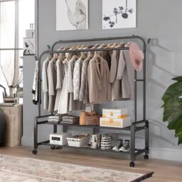 Pirlo Plush Heavy Duty Metal Clothes Rail Open Wardrobe With 2 Storage Shelves in Black - thumbnail 4