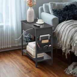 Pirlo Plush Slim Smart Bedside End Table With Power & USB Outlets Black
