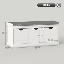 HOMCOM Shoe Storage Bench with 3 Removable Drawers & Padded Seat, White - thumbnail 3