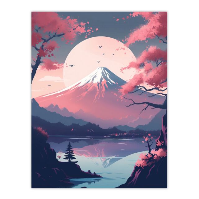 Artery8 Wall Art Print Mount Fuji View Through Cherry Blossom Trees Pastel Colour Painting Pink Purple Blue Serene Lake Reflection Japan Landscape - image 1
