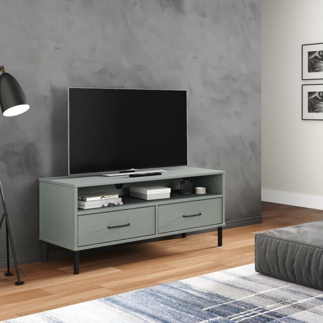 Berkfield Home TV Cabinet with Metal Legs Grey Solid Wood Pine OSLO - image 1